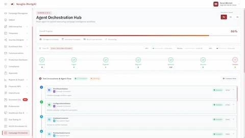 Agent Orchestration Hub with 7-phase pipeline progress and tool invocations.